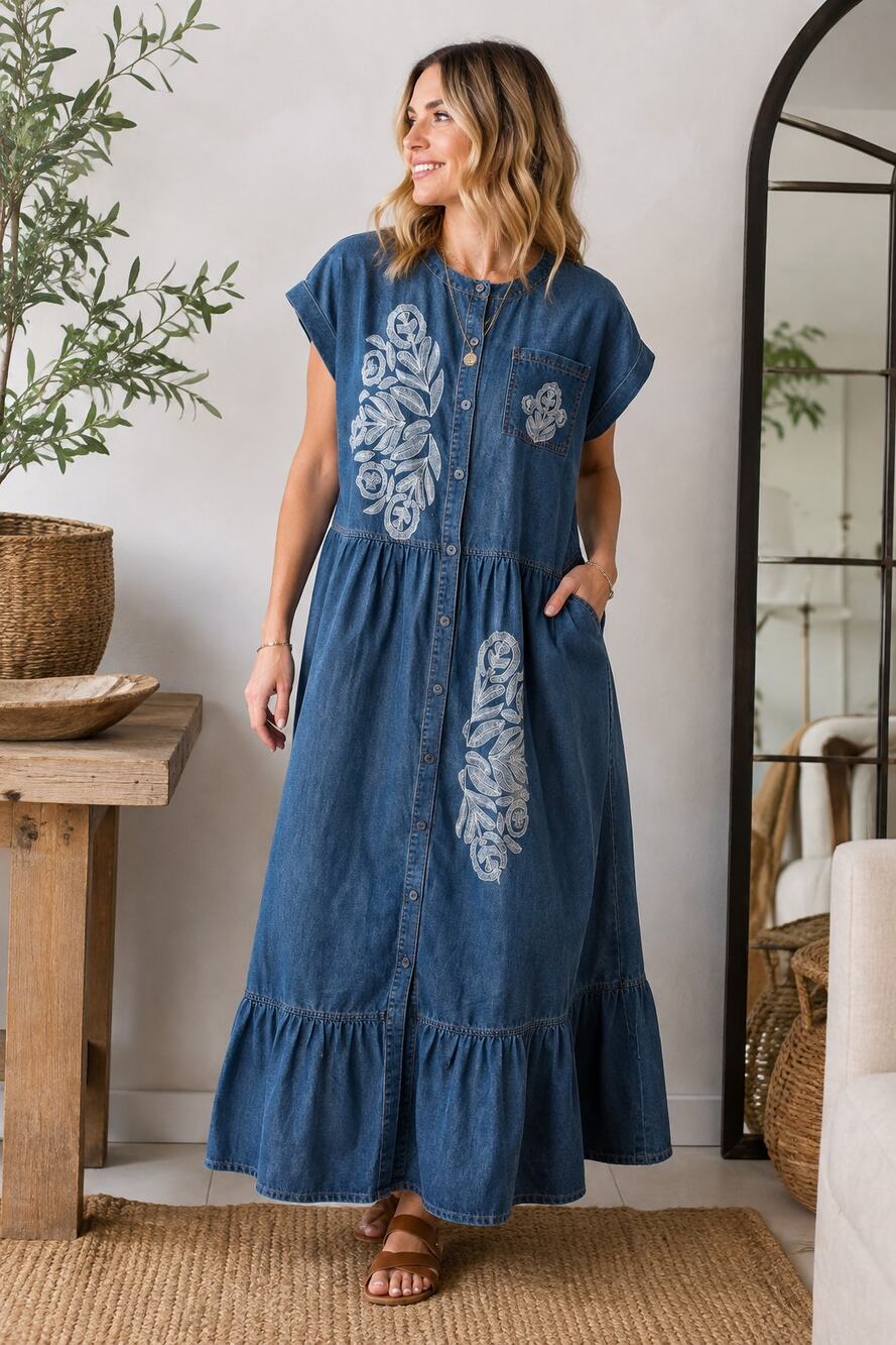 Solitaire NWT Denim Maxi Dress L Embroidered Button Front Boho Tiered